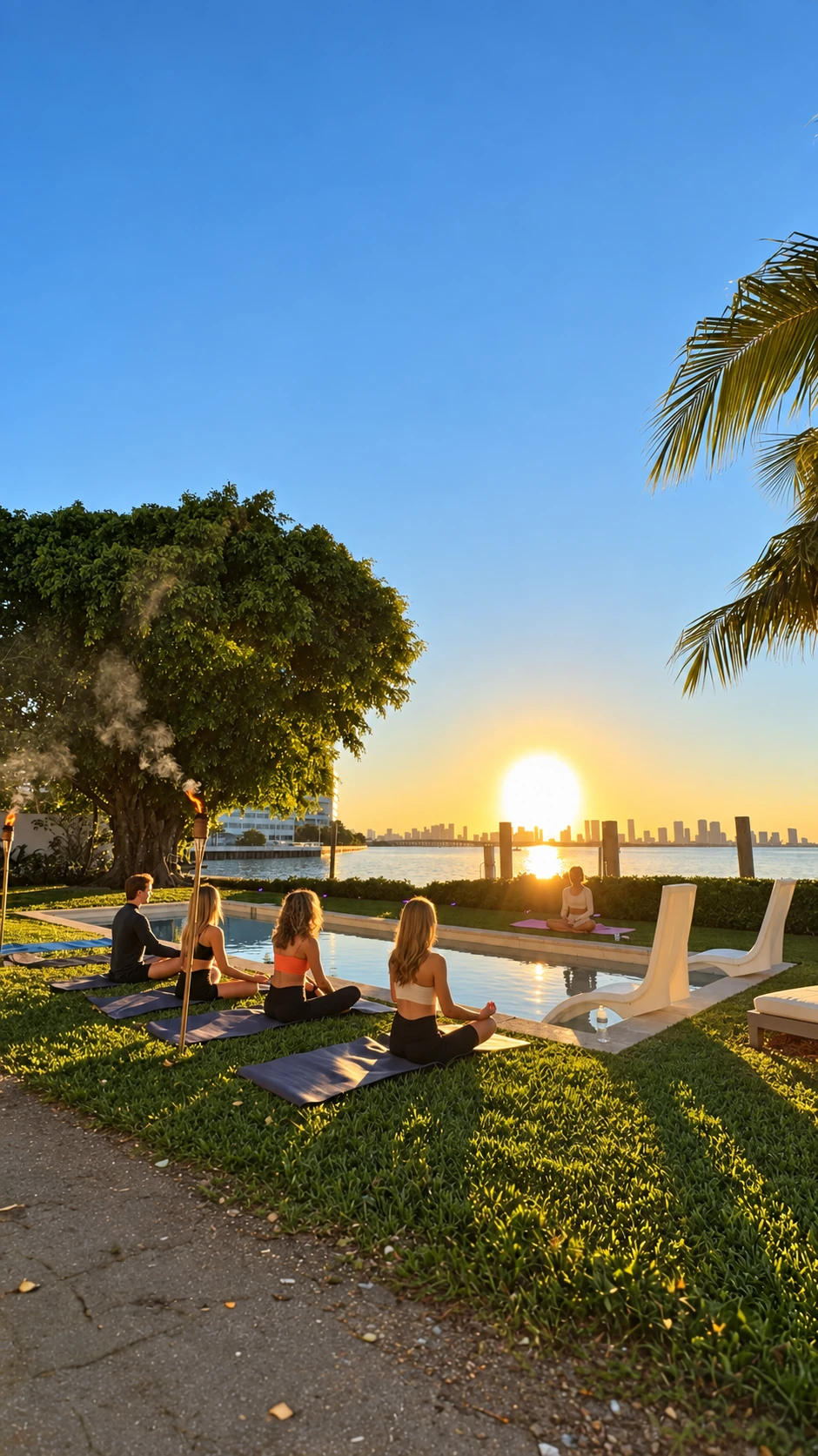A group practicing together beside the water at sunrise