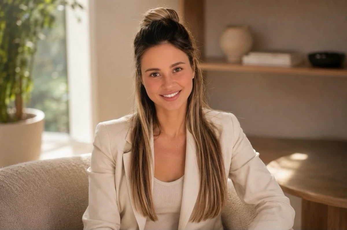 Julia Chukh in a cream blazer, seated in a light-filled studio