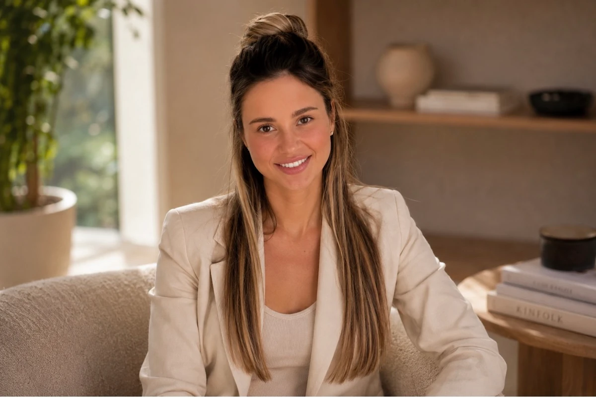 Julia Chukh in a cream blazer, seated in her studio